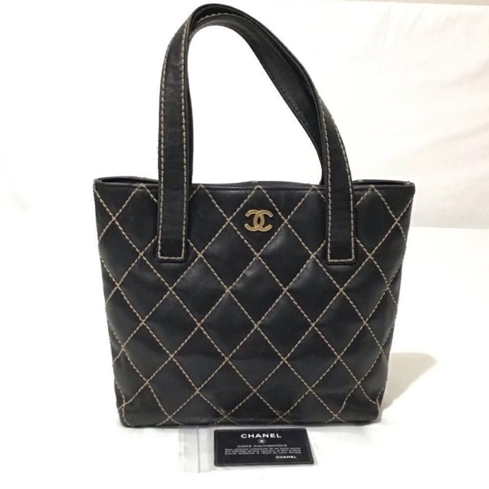 CHANEL Black Leather Quilted Wild Stitch Tote/Shoulder Bag Vintage